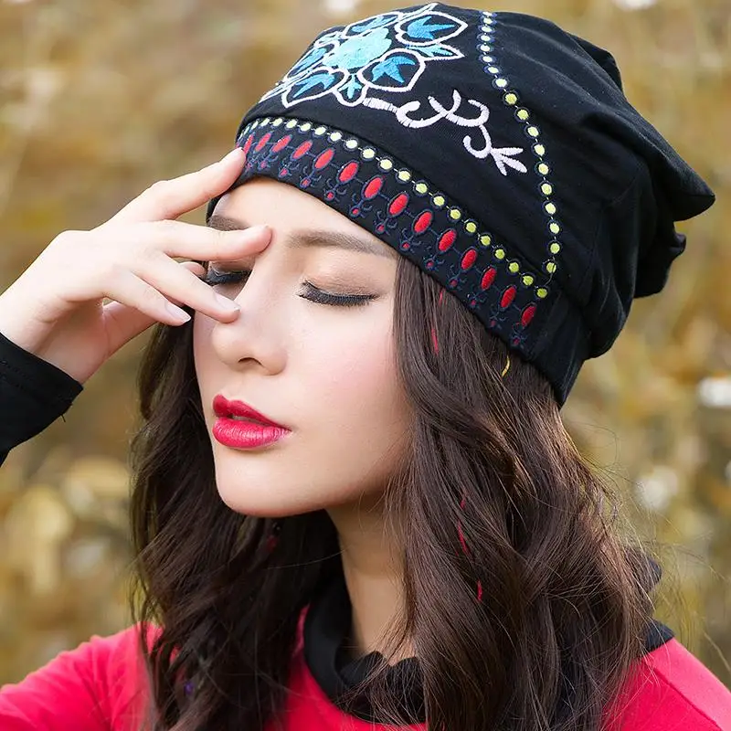 Ethnic Skullies Beanies Women Autumn Spring Mexican Style Hippie Black Blue Red Floral Embroidery Hat Beanies