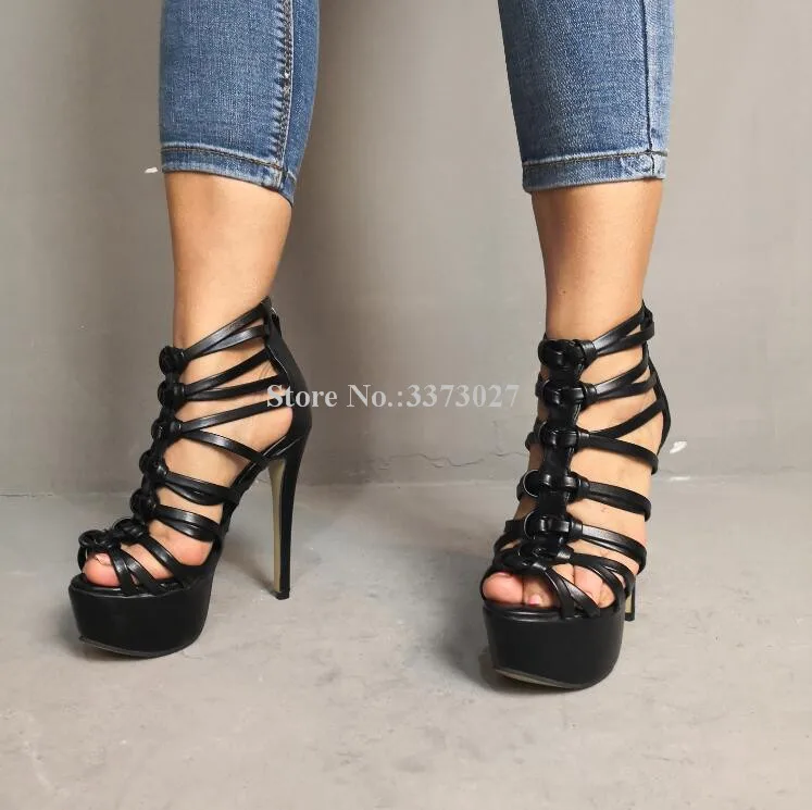 Black Leather Strappy Platform Sandals Rome Style Sexy Cross-tie Lady Sandals Fashion Thin Heels Stiletto Pumps Party Shoes