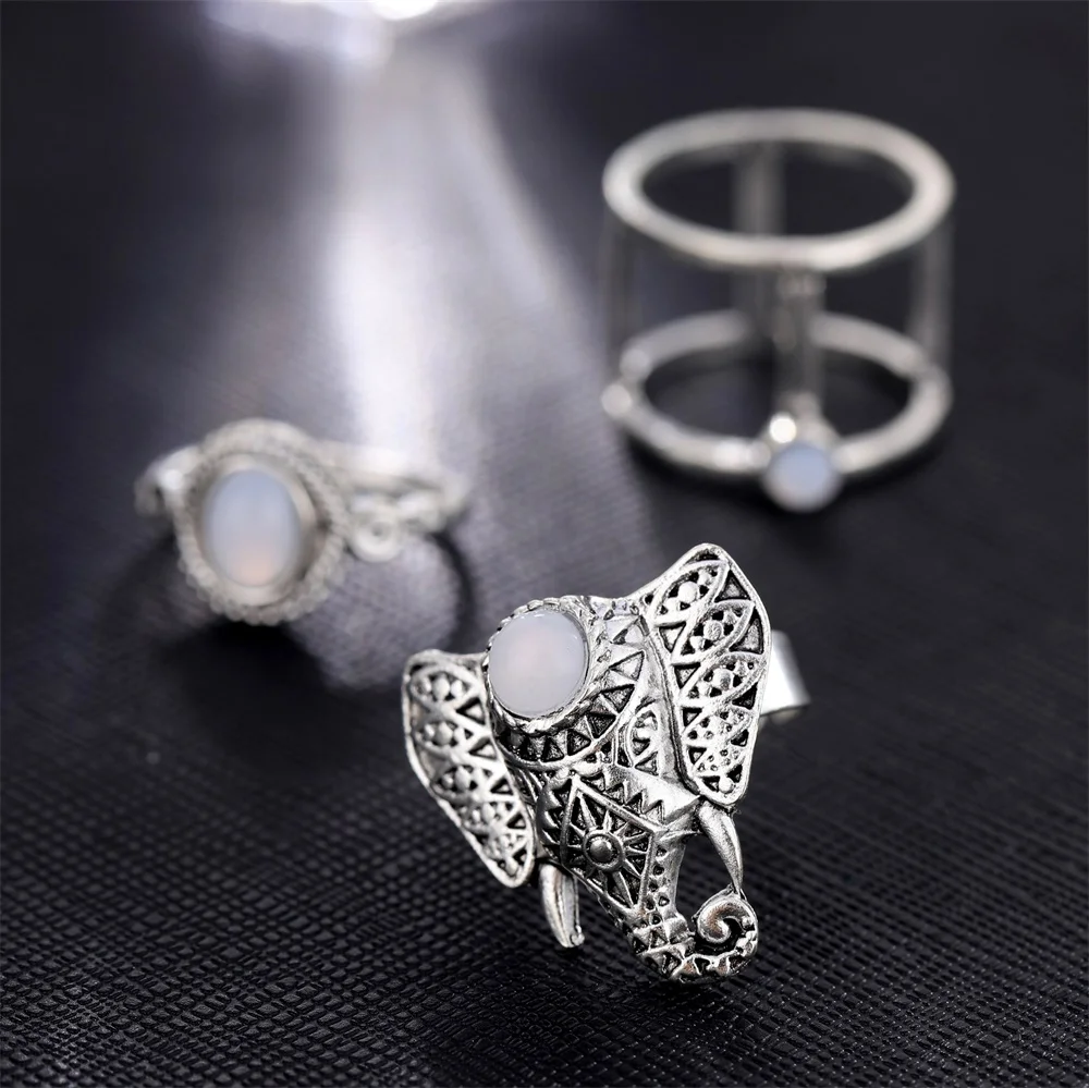 KISS WIFE 3Pcs/Set Fashion Vintage Silver Color Opals Elephant Ring Set For Women Bohemia Carving Rings New Trend Jewelry Gifts