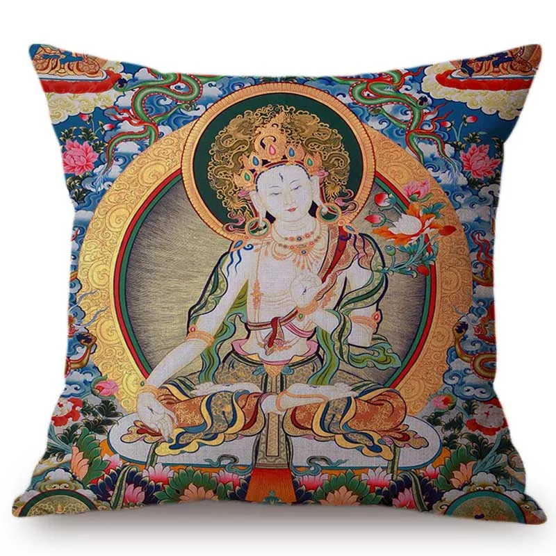 Buddhism Worship Buddha Hand Painted Art Work Sofa Throw Pillow Case Tibetan Buddhist Wall Painting Cotton Linen Cushion Cover