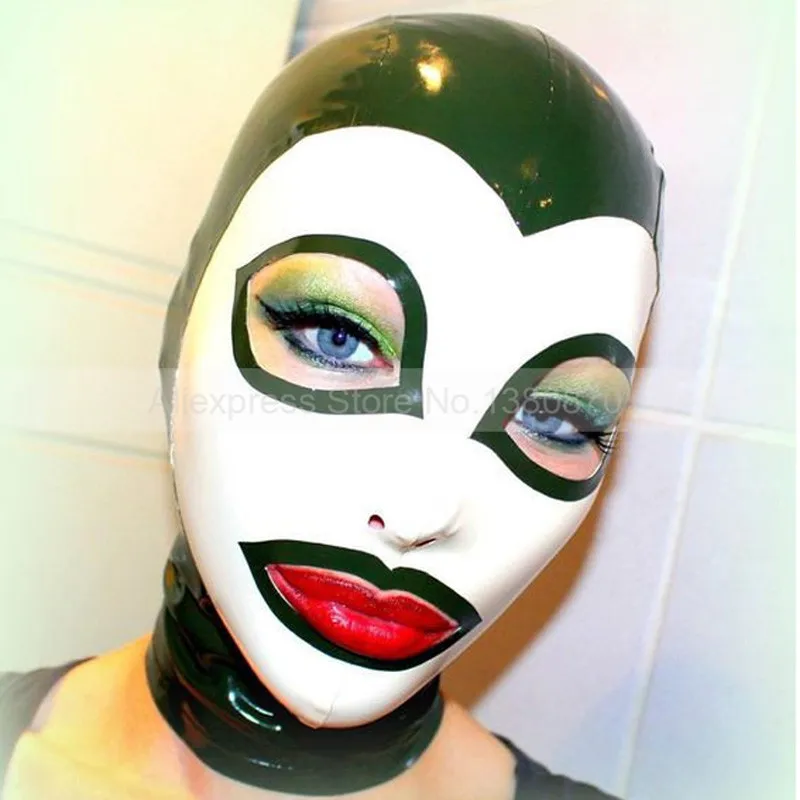 Sexy Black and White Face Latex Women Men Hood Rubber Fetish Mask Handmade S-LM157