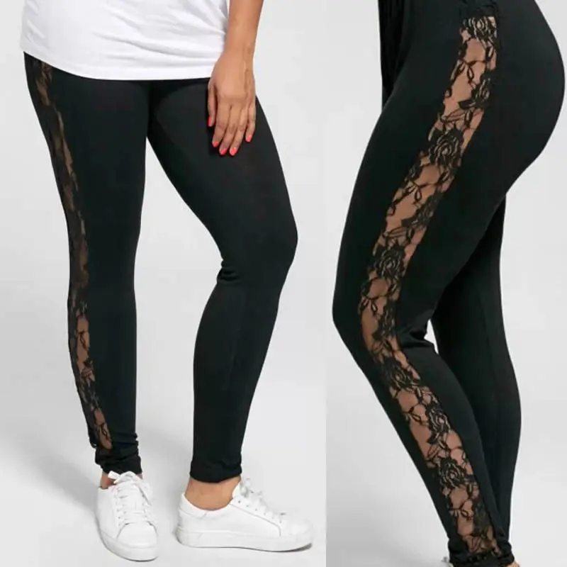 Leggings de encaje de cintura alta para mujer, pantalones deportivos elásticos, talla grande, moda 2017