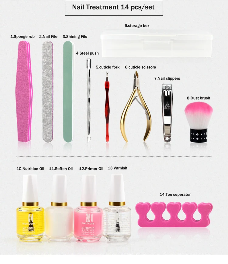 Pro 14pcs/set Nail Treatment Set Prime +Nutrition+Varnish +Soften Oil Cuticle Pushers Scissors Callus Shavers Free Shipping