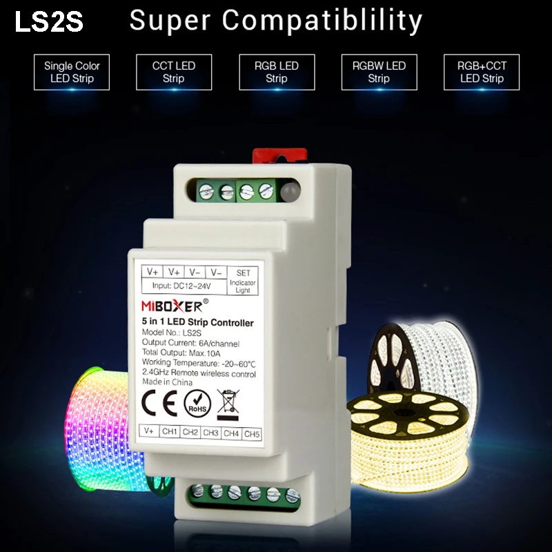 Miboxer LS2S DC12V~24V DIN Rail 5 IN 1 LED Strip Controller,FUT087 2.4G Touch FUT089 Remote Controller for LED Strip light