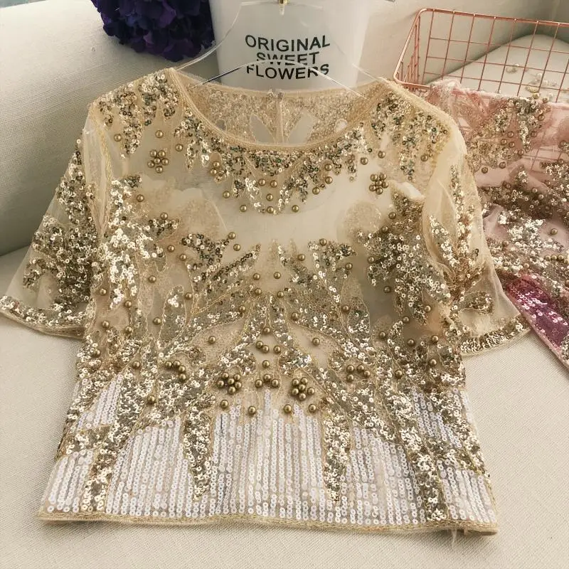 

Women's spring summer sequins beaded perspective mesh shirt female korean fashion bling bling club party tees tops TB1153