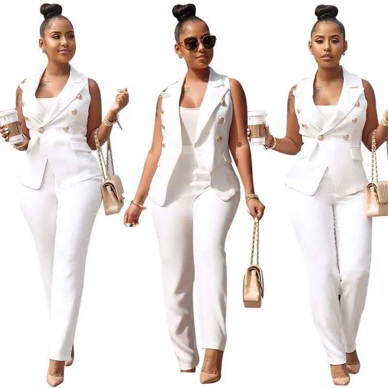 

African Clothes Elegant Two Piece Set Women Office Lady White Double Breasted Sleeveless Blazer&Long Pencil Pents Suits Overalls