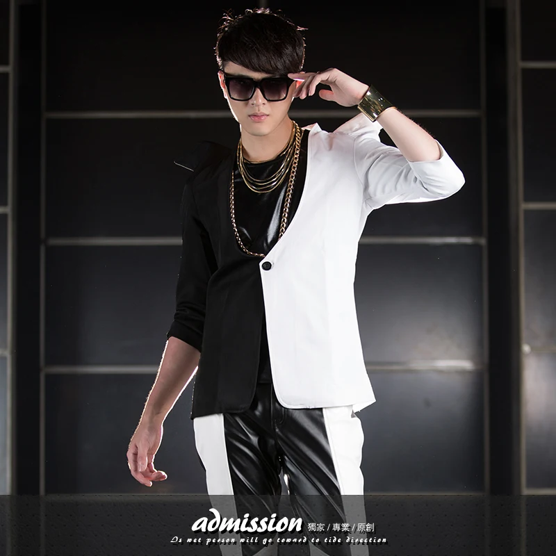 2021 New Men's Clothing Dj Fashion Personality Black White Split Joint Suit Jacket Coats Men Plus Size Stage Singer Costumes