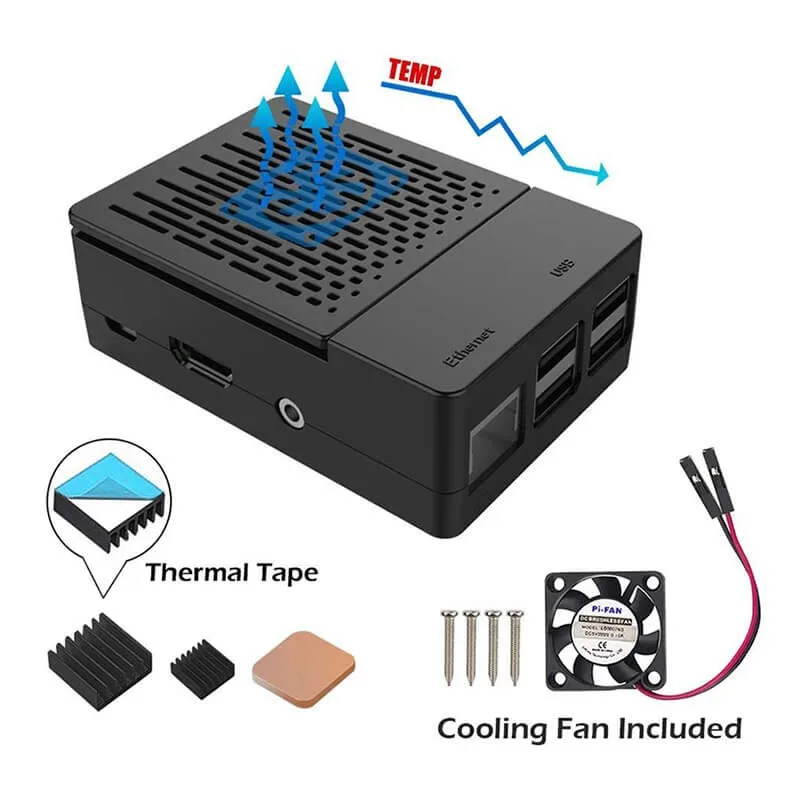 Elecrow Multifunction Kit for Raspberry Pi 3B+ Case with Cooling Fan +aluminum Heatsinks Black Box Shell for Raspberry Pi 3/2/B+