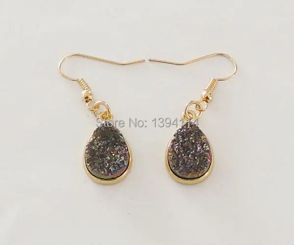 

Titanium Rainbow Crystal Druzy Drop Earrings Bezel Setting Gold Plated Approx 10*14mm