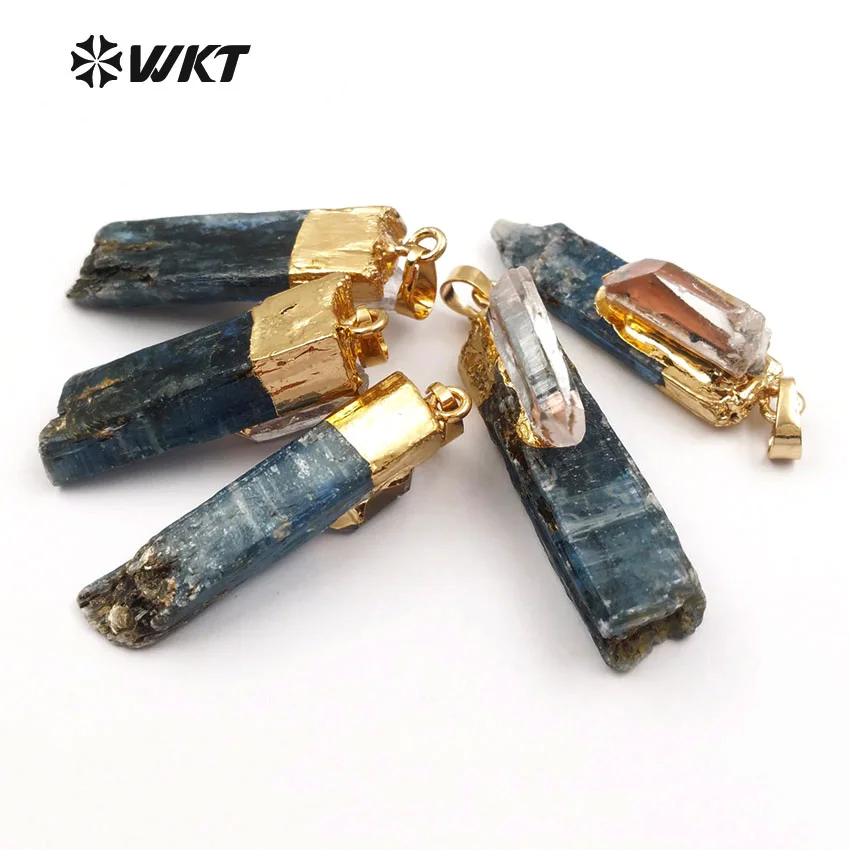 WT-P1390 WKT Wholesale Natural Stone Pendants Random Size Long Blue Kayanite With White Crystal For Necklace Making Accessory