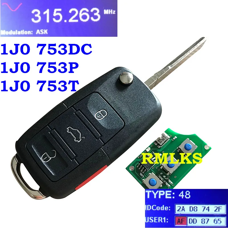 RMLKS 1J0959753DC 753 DC Remote Key For VOLKSWAGEN HLO 1J0 959 753P 753T Beetle CC EOS Golf Passat Rabbit 315MHz ID48 Chip