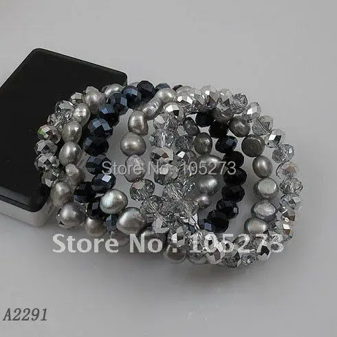 Charming!5rows bracelet Gray color Genuine freshwater pearl & blue gray  crystal bracelet size:7-8mm free shipping A2291