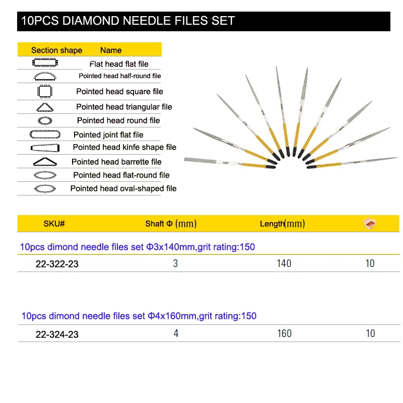 Stanley 10pcs diamond mini needle file set polishing tools 150 grit sharpening tool assorted files kit for metal glass aluminum