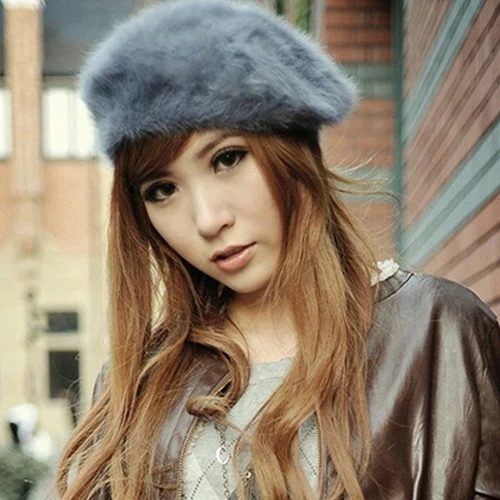 Fashion Women Sweet Warm Faux Rabbit Fur Beret Artist Baggy Beanie Winter Hat