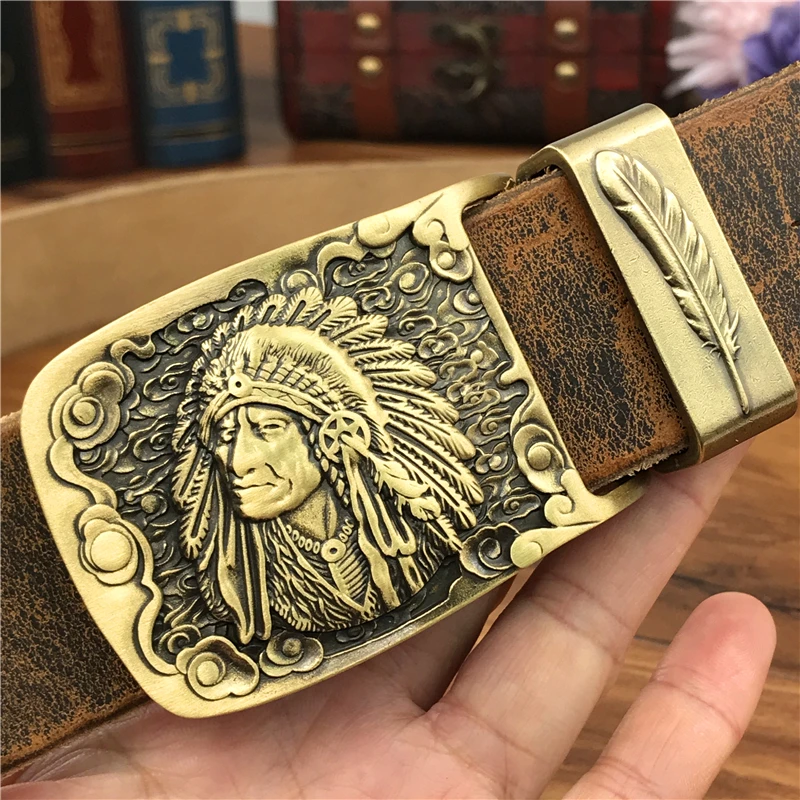 Chief Cowboy Brass Belt Buckle Leather Belt Men Jeans Retro Yellow Belts Men Leather Metal Wide Waist Belt Men Ceinture MBT0070