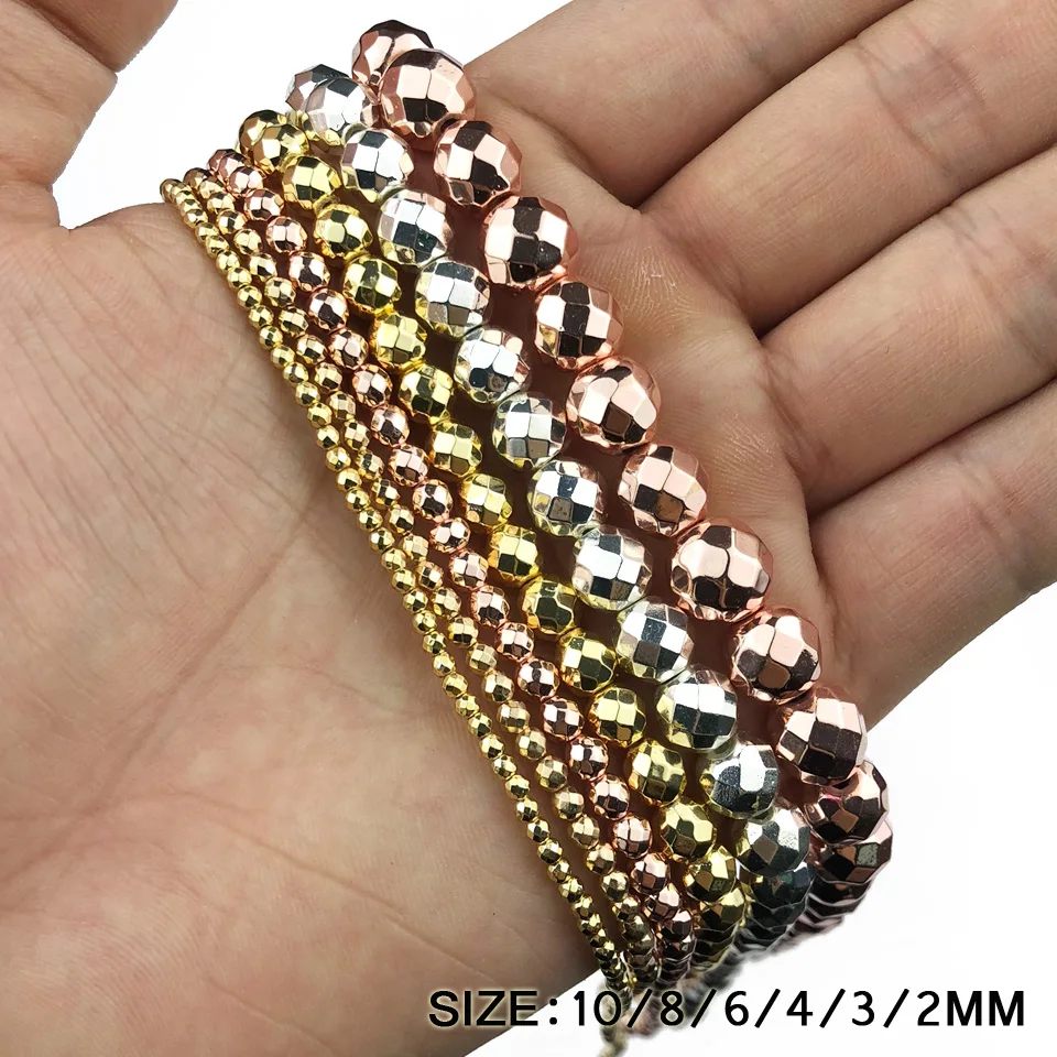 Colore oro rosa, placcato argento, perline di ematite rotonde sfaccettate pietra naturale 2 ~ 10mm perline sciolte collana di gioielli che fanno fai