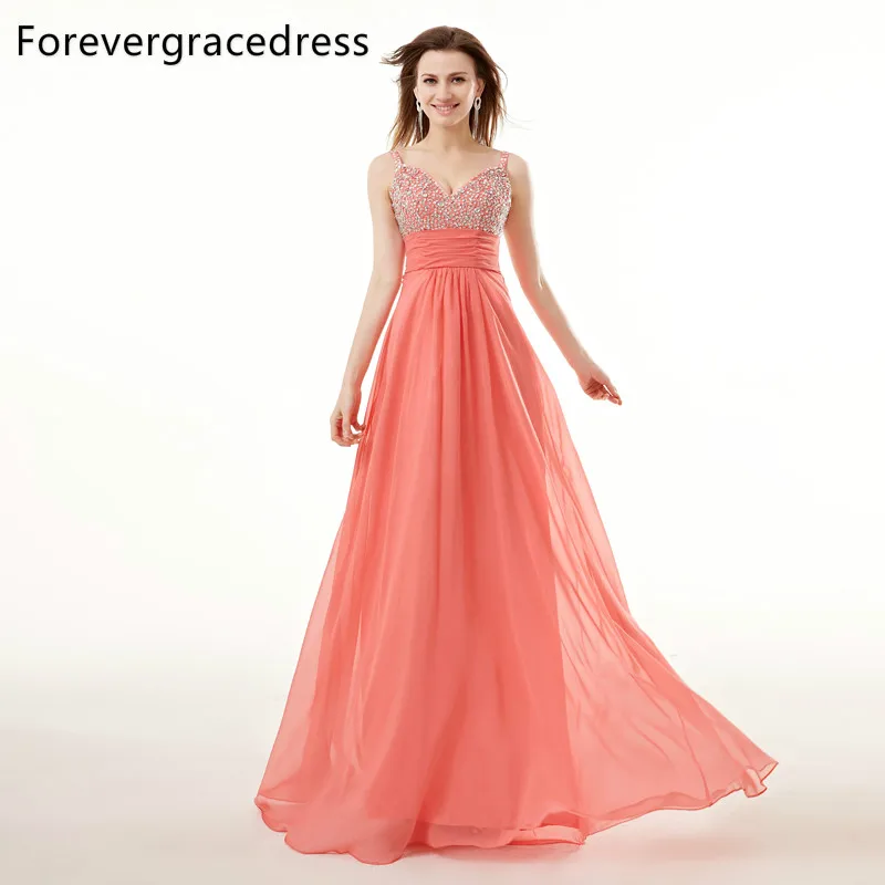 Forevergracedress-vestido de fiesta con imagen Real de Coral, nuevo diseño, con cuentas de cristales, Espalda descubierta, largo, Formal, talla grande