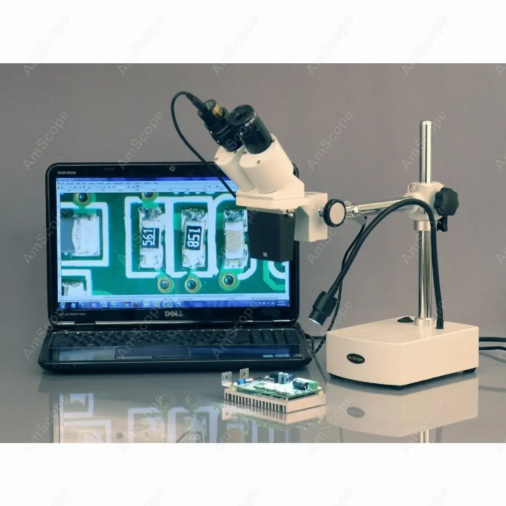 Binocular Boom Arm Stereo Microscope--AmScope 5X-10X Binocular Boom Arm Stereo Microscope with LED Gooseneck Light SE400-X