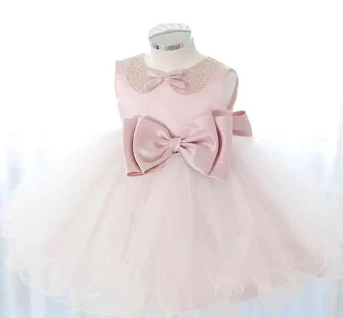 Newborn Pink Baby Girl Dresses Super Back Big Bow Bead Collar Baby Christening Gowns 1 year birthday dress vestido infantil