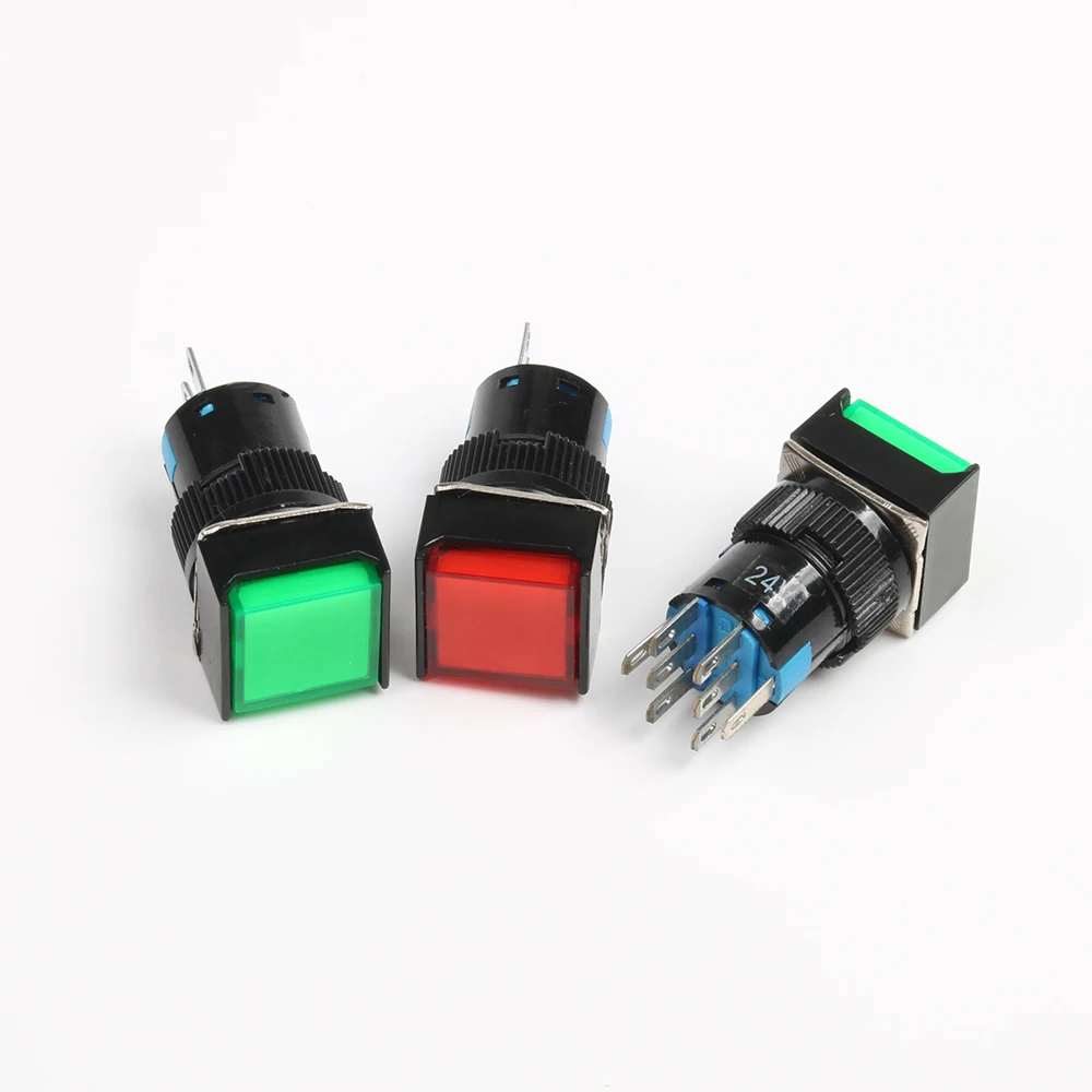 5PCS 5V 12V 24V 220V Momentary LED Illuminuted Maintained Self-locking On Off Push Button Switches 16MM Square Lamp Indicator