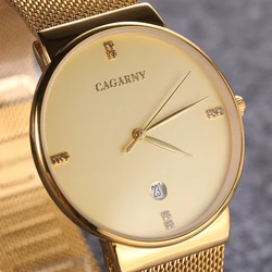 Cagarny Fashion Mens Watches Luxury Crystal Quartz Wrist Watch Men Gold Stainless Steel Male Clock Waterproof Relogio Masculino