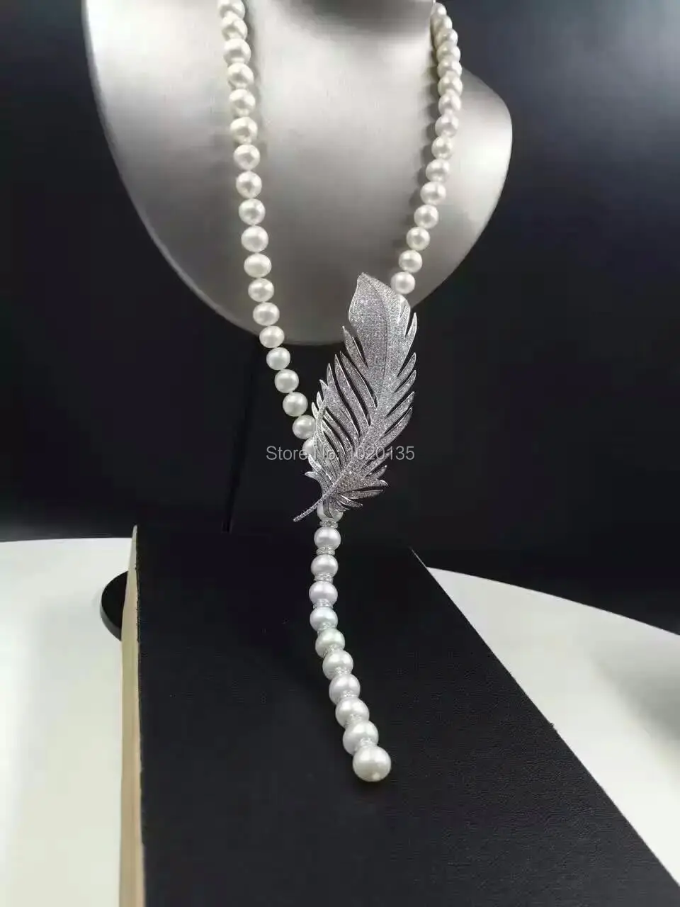 

freshwater pearl white near round 8-9mm and zircon leaves clasp necklace 45inch fashion