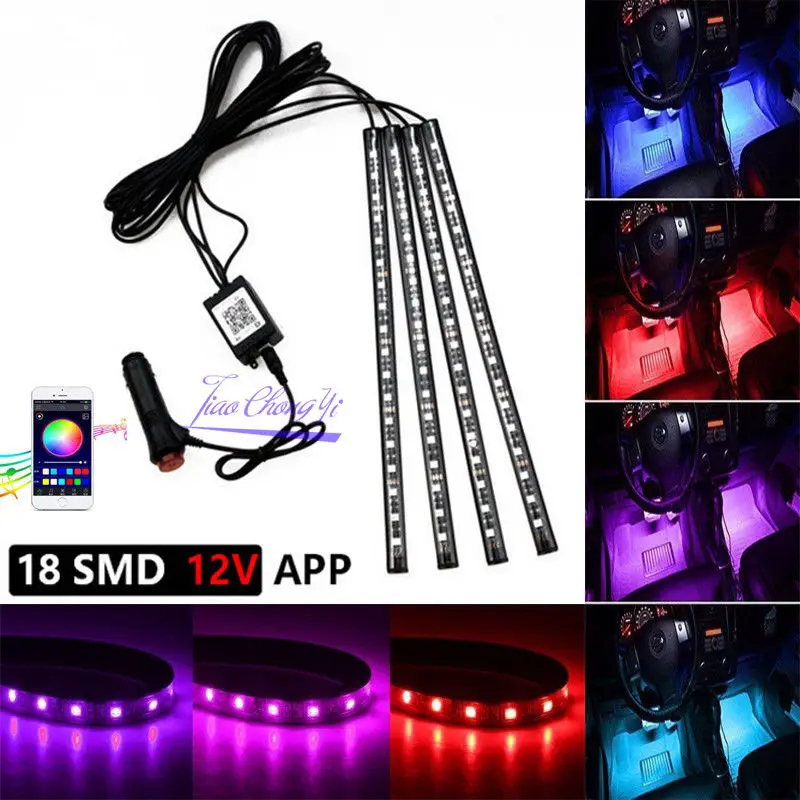 

4x Car 18LEDs RGB Interior Atmosphere Music Control Strip Lights APP Bluetooth-compatible NEW