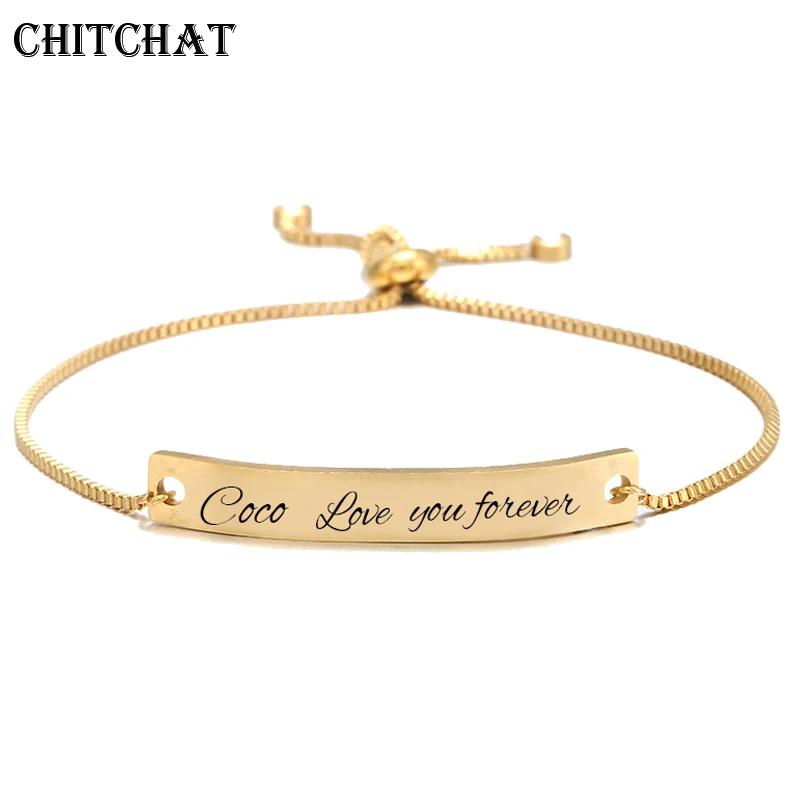 

Custom Bar Bracelet Engraved Name Date Letter Charm Bracelets Stainless Steel Bangles Personalized Custom Woman Jewelry