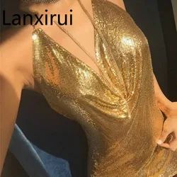 Sexy głębokie V Neck złota cekinami metalowe Halter bez pleców Party Dress Kendall Jenner jest klub nocny metalowe letnia sukienka