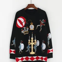 Winter Runway Sweater Women Luxury Brand Design Elegant Circus Soldiers Balloons Candles Embroidered Loose Warm Knitted Tops New