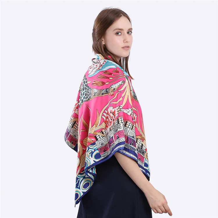 POBING Twill Silk Square Scarf Animals Print Women Scarves Wrap Giraffe Neckerchief Spanish Foulards cachecol Large Bandana