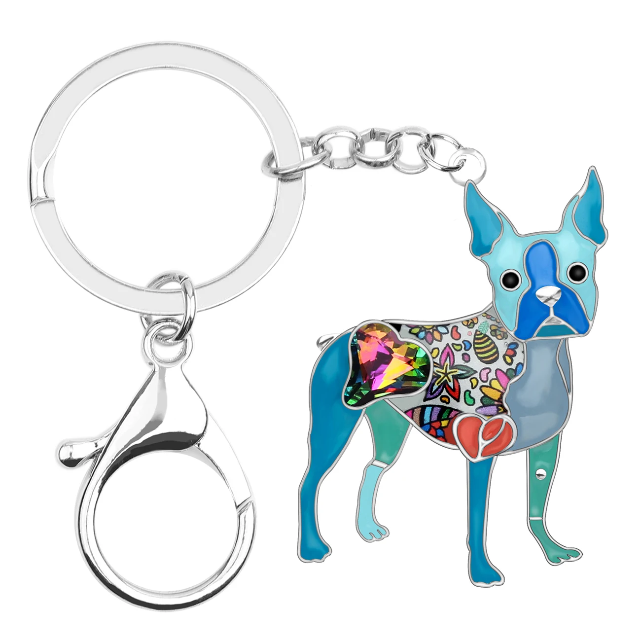 WEVENI Enamel Alloy Rhinestone Boston Terrier Dog Key Chain Keychain Ring Fashion Animal Jewelry For Women Girls Bag Charms Gift