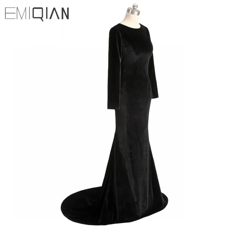 Vintage O-neck Mermaid Long Evening Dress Full Sleeves Floor Length Black Prom Dress with Embroidery