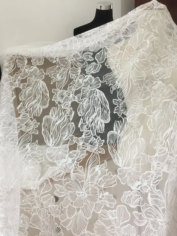 1 yard Fine Clear Sequin Tulle Lace Fabric with Big Leaf Flower for bridal dresses, Off-White Bridal Gown Wedding Fabric by yard