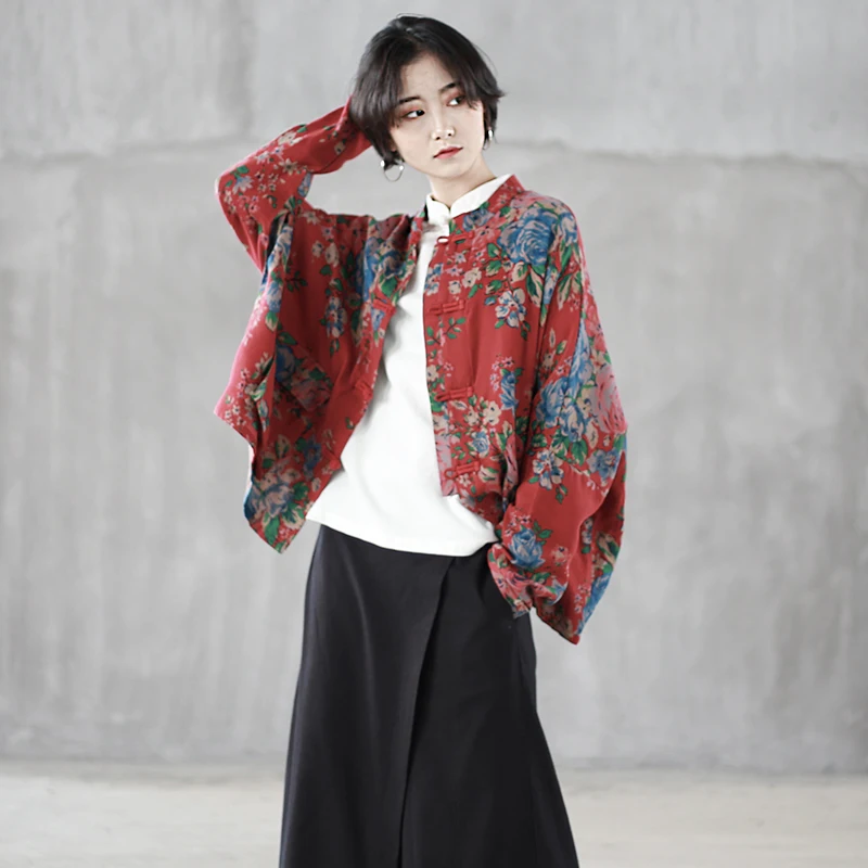 

2019 female new summer and autumn plus size Chinese style cardigan big flower retro buckle printed shirt bat sleeve outerwear