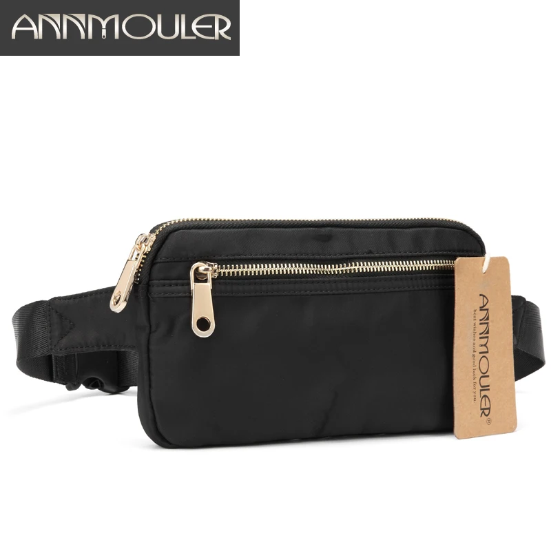 Annmouler Polyester Women Fanny Pack Large Capacity Waist Bag Black Double Zipper Waist Pack Ladies Chest Bag 4 Colors Bum Bag