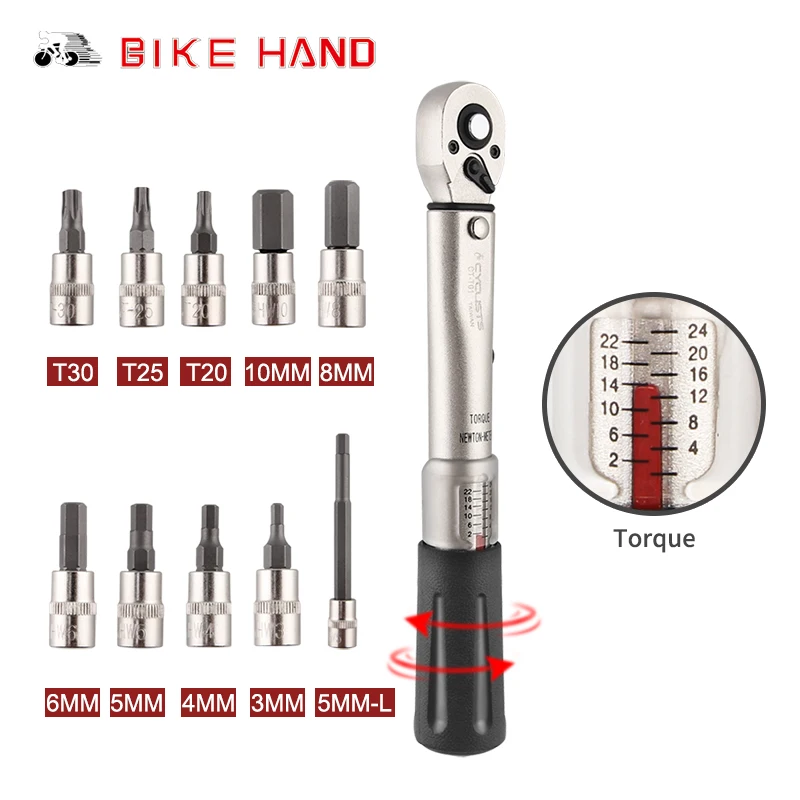 BIKEHAND Bicycle Repair Tools Kit Bike Torque Wrench Allen Key Tool Socket Set Road MTB Bike Tools 1/4\'\' Torque Fix Set 2-24 NM