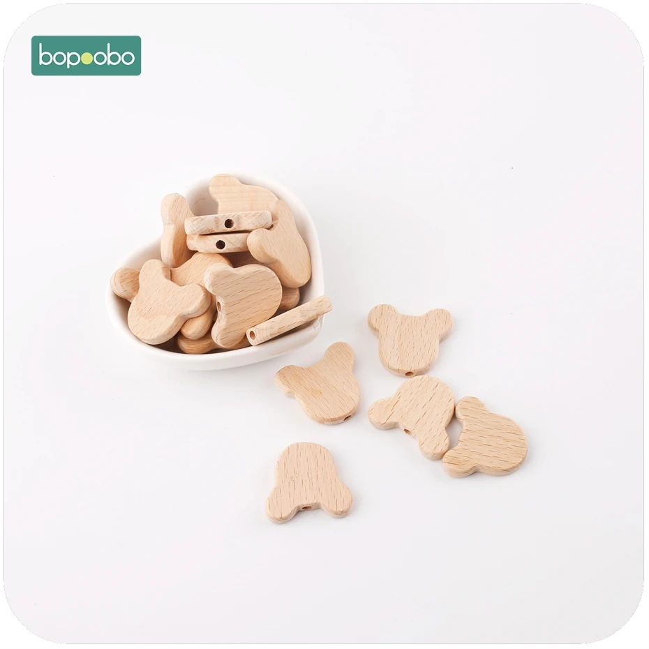 Bopoobo 10pcs Natural Wood Bears Heads Beads Jewelry Making For Teeth Beech Wooden Teether DIY Dummy Clip Chains Baby Teethers