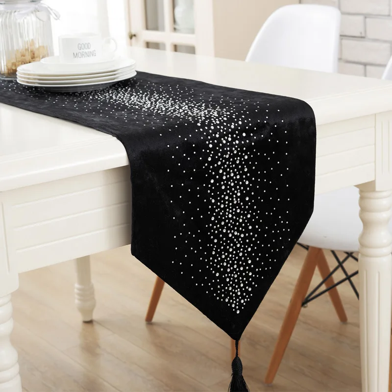 

Pure black table runner with diamond down with bling Modern Table Runner Ironing Diamond 2 Layers Runner Table Cloth diamond