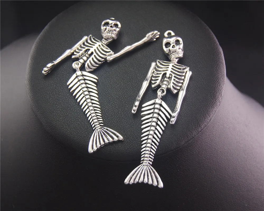 2Pcs  Silver Color  Mermaid Skeleton Charm Jewelry  Making DIY Handmade Craft  72x18mm A2033