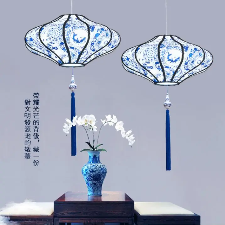 

New Chinese chandelier antique blue and white porcelain sheepskin fabric hot pot restaurant tea house tea room Chinese style