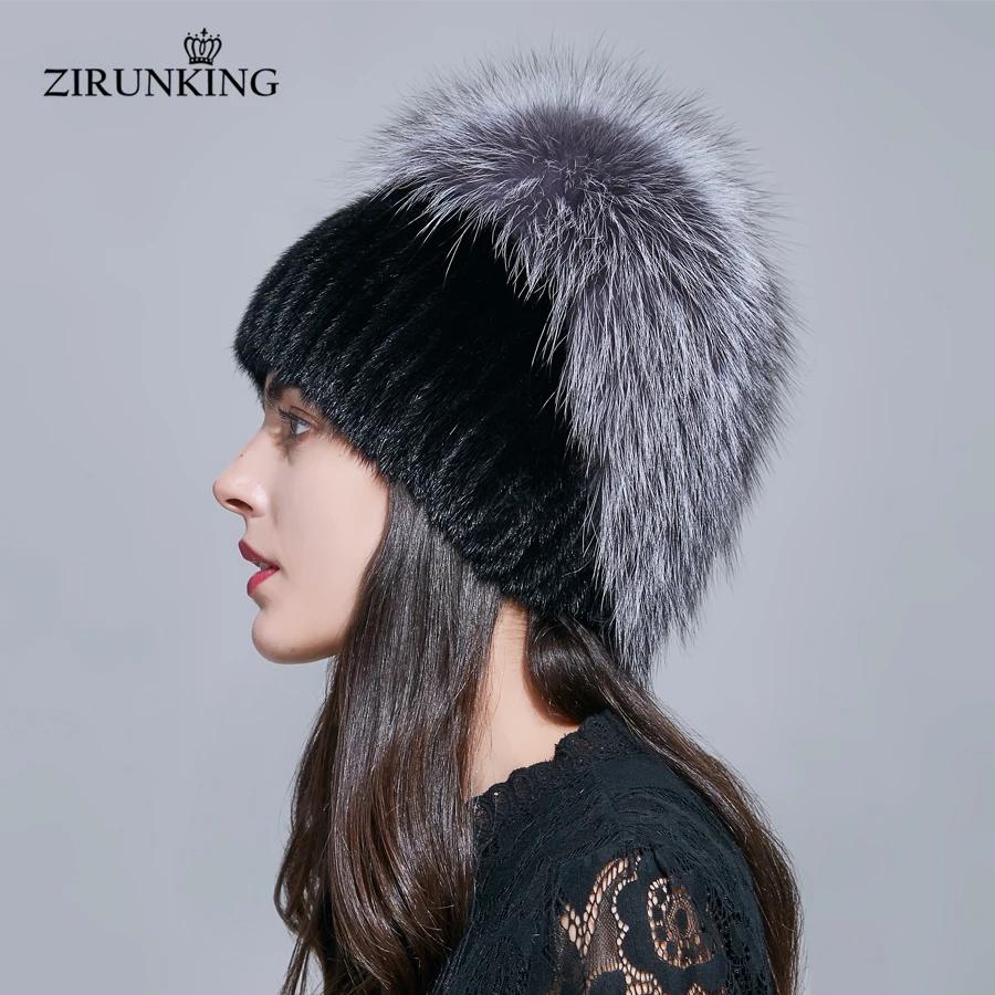 

ZIRUNKING Warm Real Fur Hats Women Mink And Natural Silver Fur Caps Female High Quality Casual Beanies Luxurious Hat ZH1710