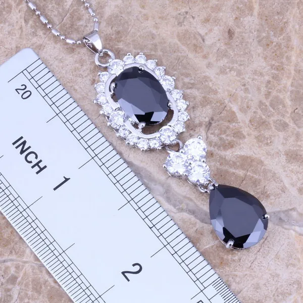 Black Cubic Zirconia White CZ Silver Plated Jewelry Sets Earrings Pendant Ring Size 6 / 7 / 8 / 9 / 10 S0049