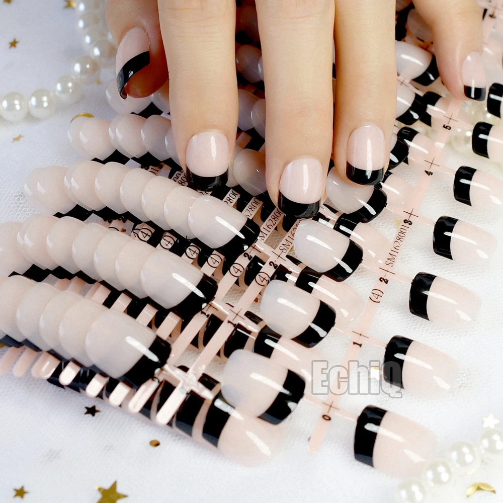 10 Sets Classic French Nails Natural Black Acrylic Fake Nail Tips Full Cover False Nail DIY Nail Art Salon Products N209