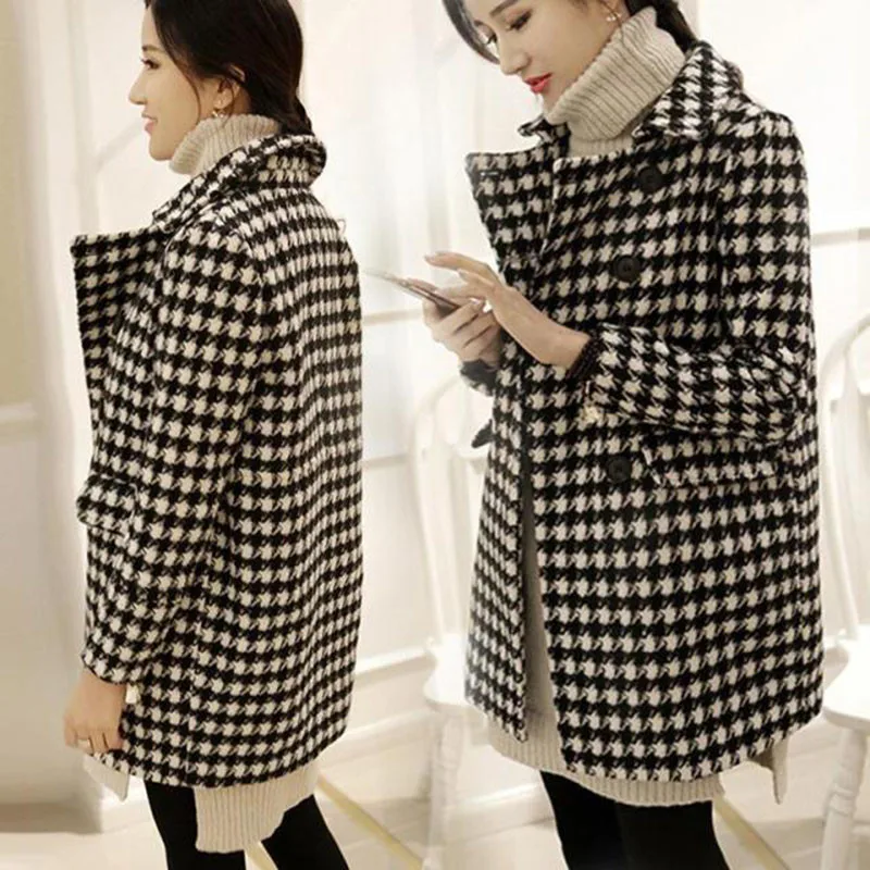 

2026 New Women's Woolen Coat Medium Long Section Suit Collar Double-Breasted Plaid Wool Blend Coat Autumn Winter Warm Jacket
