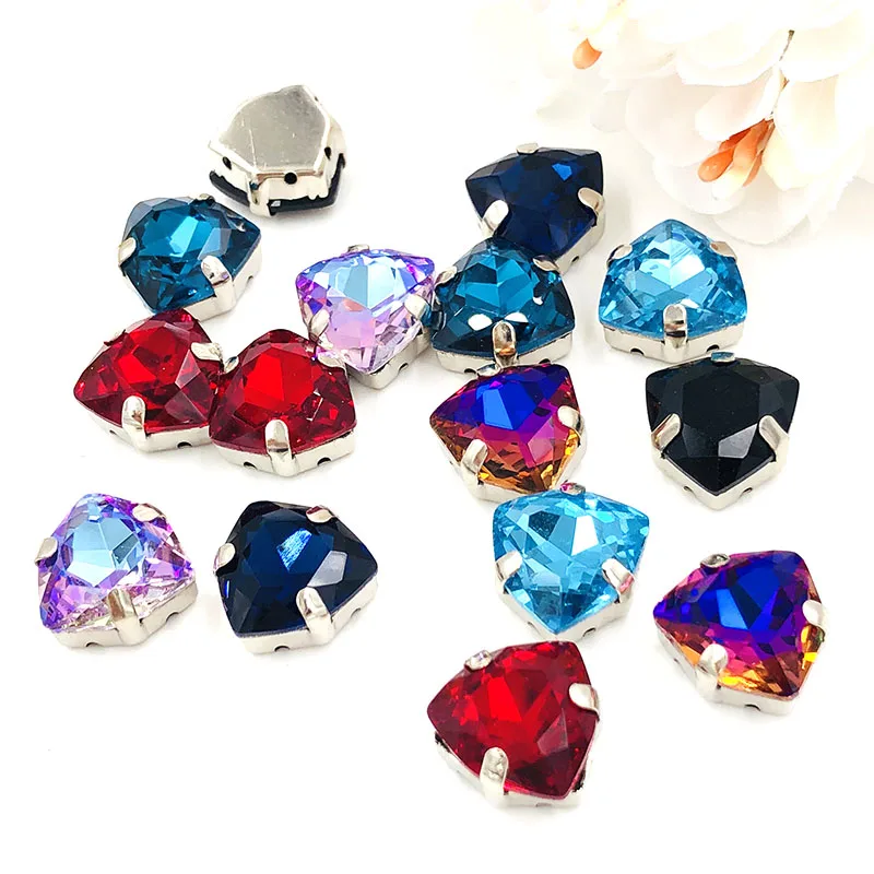 12mm Fat Triangle Light of heaven High quality Glass Crystal sew on rhinestones sliver base with hole diy/clothing accessories