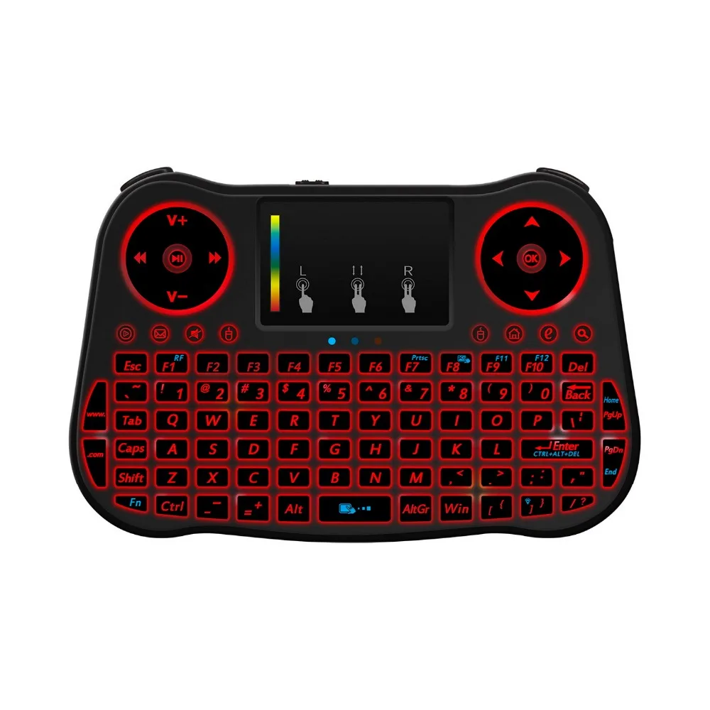 Mt08 arco-íris retroiluminado mini teclado sem fio touchpad 2.4ghz air mouse para caixa de tv inteligente computador inglês russo espanhol