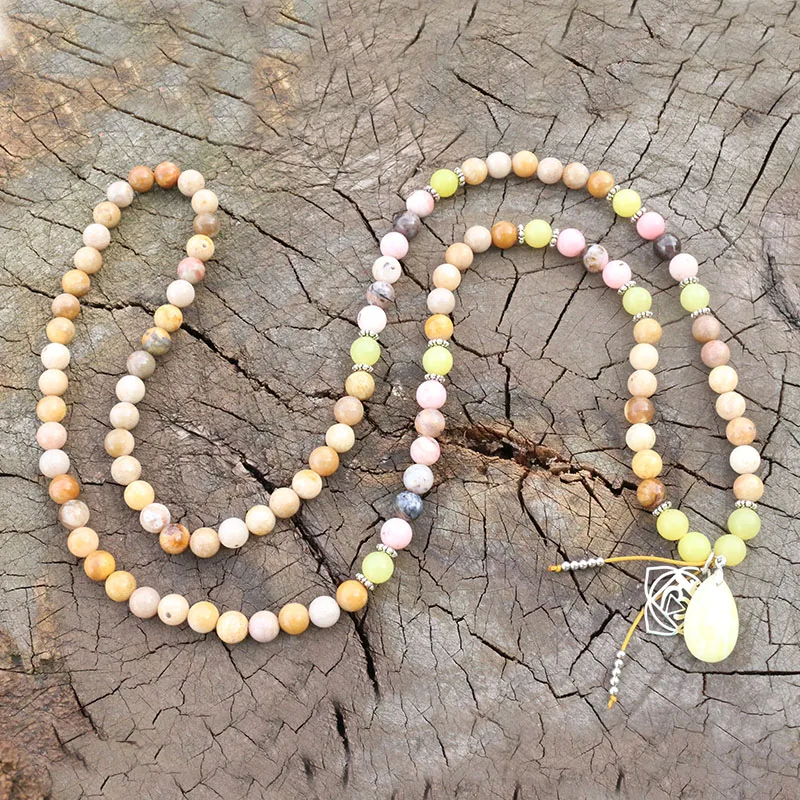 Coral de Jade de 8mm, Jade de oliva, ópalo rosa,apaMala, oración, Mala de meditación, Mala de piedras de chakras, cuentas de oración Mala budista, 108 cuentas de Mala