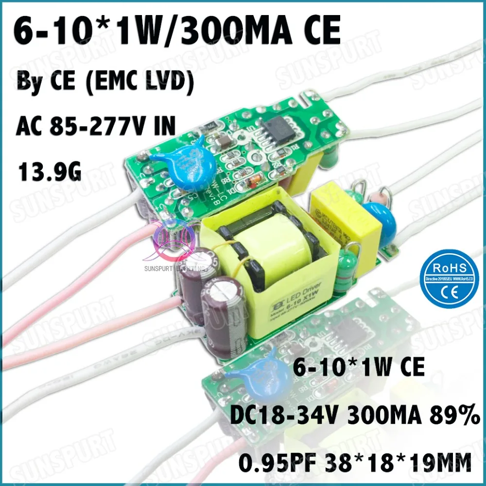 

5Pieces CE EMC LVD 10W AC85-277V LED Driver 6-10x1W 300mA DC18-34V LED PowerSupply Constant Current For bulb lamp Free Shipping