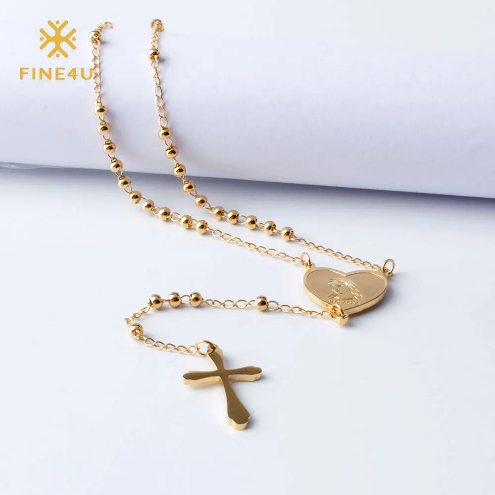 FINE4U Jesus Christ Crucifix Necklace For Women 316L Stainless Steel Long Rosary Beads Necklace Virgin Mary Heart Necklaces